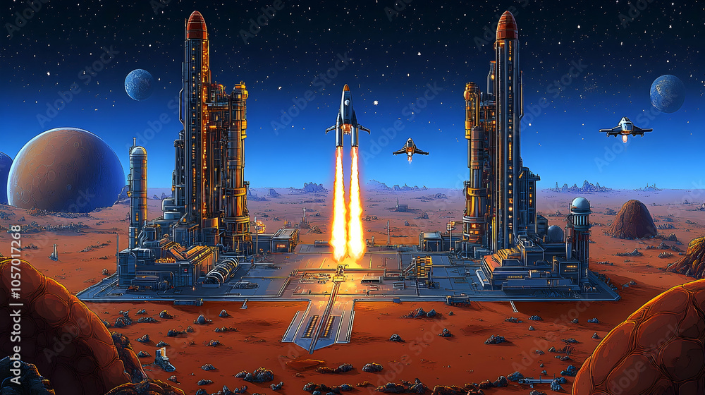 Aufkleber a spaceship launches from a futuristic spaceport on a red planet, with other spaceships flying overh