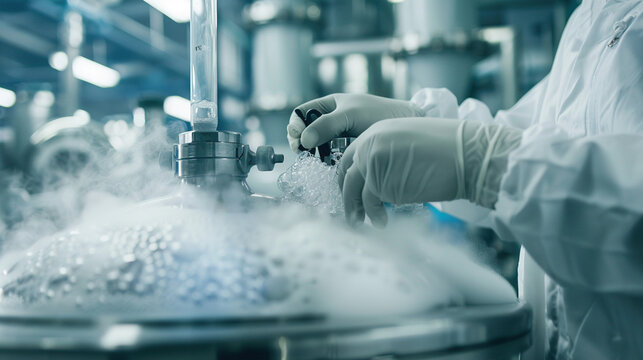 High tech medical lab equipment used in vitro fertilization process. IVF treatment. Artificial insemination. Close-up hand working with liquid nitrogen from cryogenic tank at sciences laboratory. 