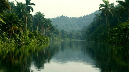 A tranquil river meanders through a lush, tropical jungle, with palm trees lining the banks and mist hanging in the air.
