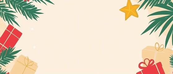 Festive Holiday Background with Palm Leaves, Star, and Gifts