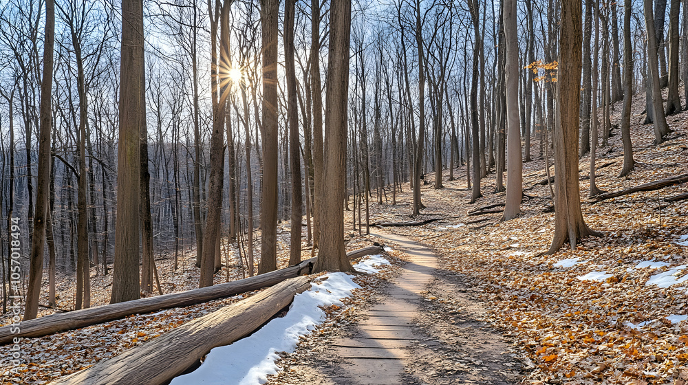 Poster a winding path through a forest with sunlight shining through the trees.