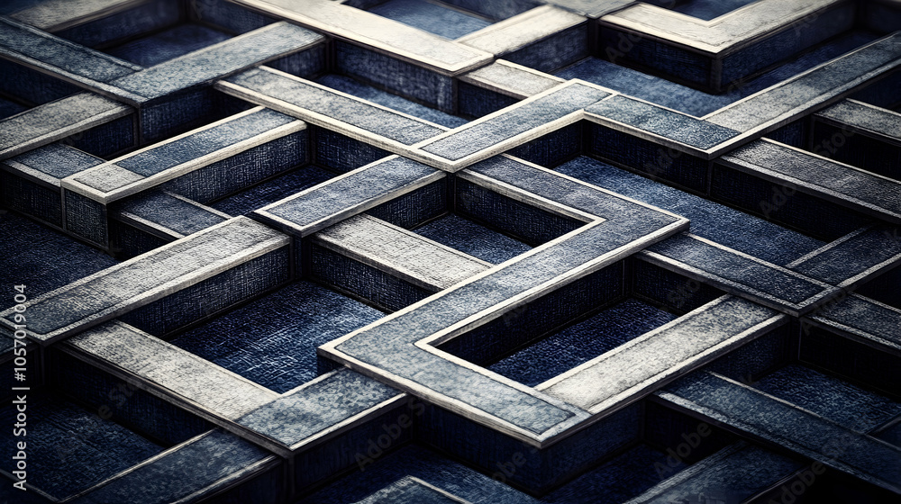 Poster abstract blue and silver geometric pattern with intersecting squares and rectangles.