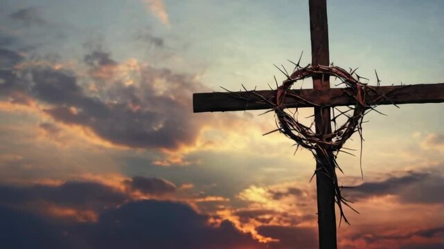 A close up image of a crown of thorns wrapped around a wooden cross, symbolizing the suffering and death of Jesus Christ during the Holy Week. This image represents the Christian commemoration of Good
