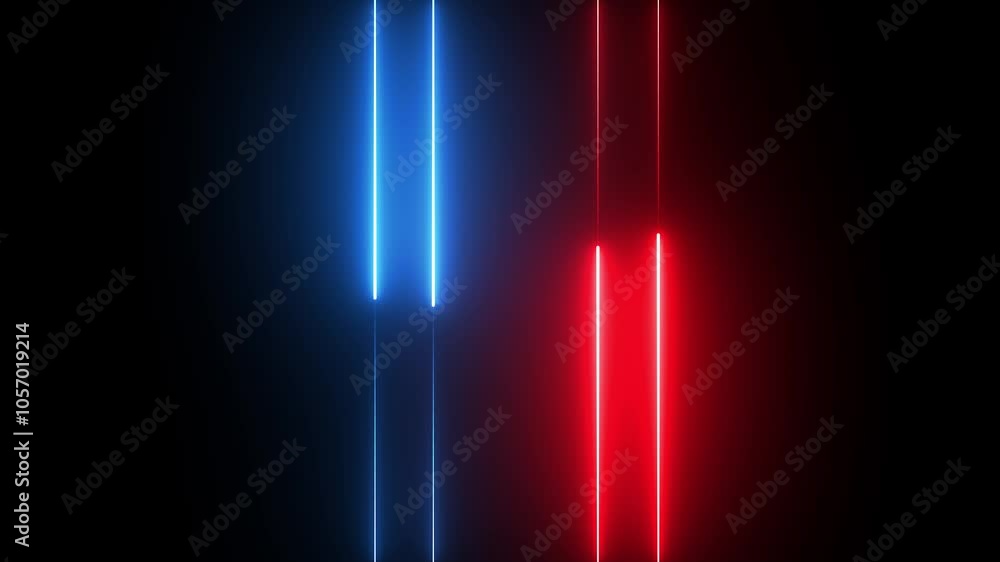 Poster abstract neon glowing line radio waves signal animation on black background in red and cyan color.