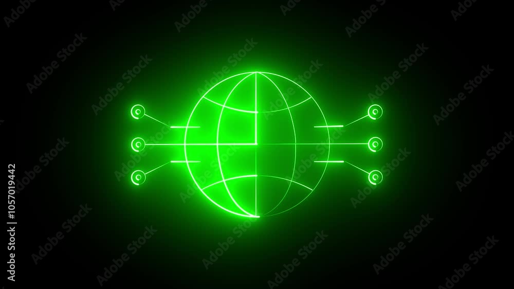 Poster a glowing neon globe icon on black background in green color. representing the internet or global co