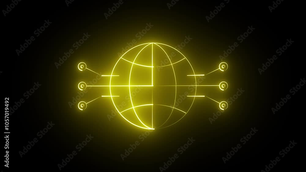 Poster a glowing neon globe icon on black background in yellow color. representing the internet or global c