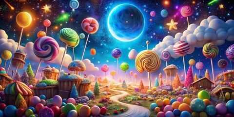 Cartoon Candy Raining Down at Night - Colorful Sweetness in a Whimsical Scene
