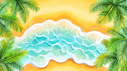 Aerial view of a tropical beach with palm trees and blue ocean waves.