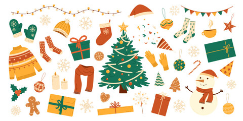 Christmas and New Year items set. Set of traditional winter elements and decorations. Christmas tree, snowman, gifts and clothes. Flat vector isolated illustration