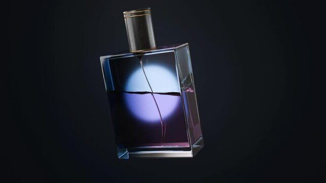 Luxury glass perfume bottle with a blue gradient and purple (violet) liquid inside rotates on a dark background, 3D animation
