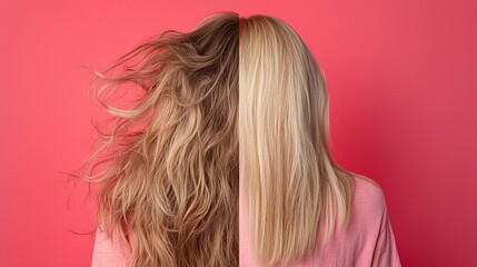 Fototapeta premium Split-screen image, left side showing messy wild unkempt long blonde female hair, right side showing the same hair wit no color change but perfectly combed, generative ai