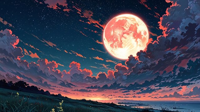 Celestial Majesty: The Red Moon's Embrace anime wallpaper background, print, merch,