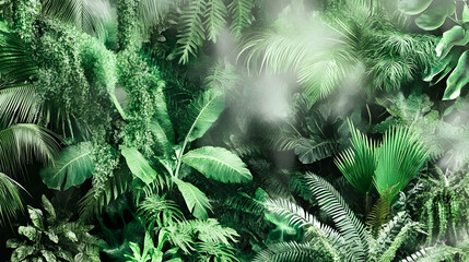 Lush green foliage with misty atmosphere.