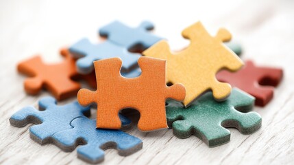 Fototapeta premium Colorful Puzzle Pieces on White Wooden Background Teamwork Solution Success