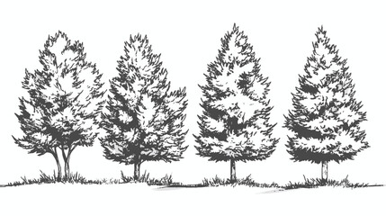 Architectural Drawings Minimal style cad tree line drawing set of green fir trees isolated on the white background, Christmas pine tree vector illustration outline symbol for landscape design drawing