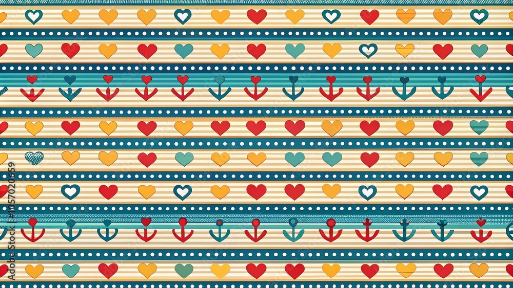 Poster charming stripes pattern with hearts and anchors for unique designs and backgrounds