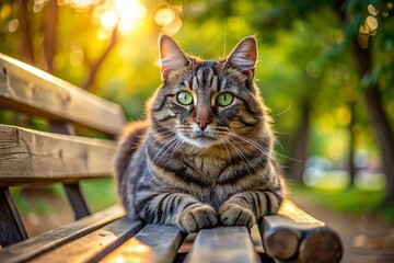 Fototapeta premium Charming Gray Tabby Cat Resting on Park Bench - Stray Cat Closeup Photography