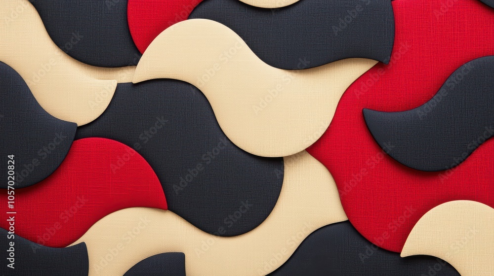 Poster abstract textile design featuring wavy shapes in red, black, and beige, creating a dynamic and moder