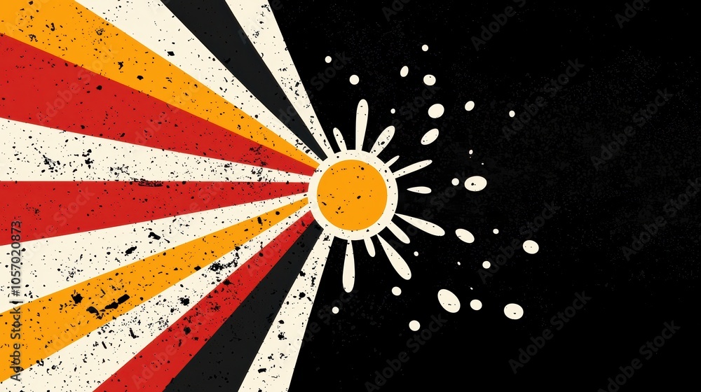 Aufkleber a vibrant graphic featuring rays of color emanating from a central sun, set against a contrasting bl