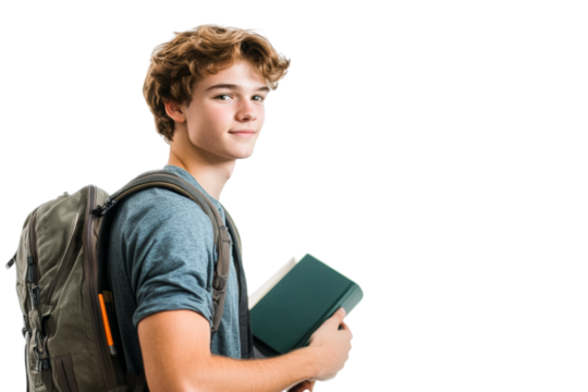 A young student with a backpack holding a book, standing confidently against a white background.