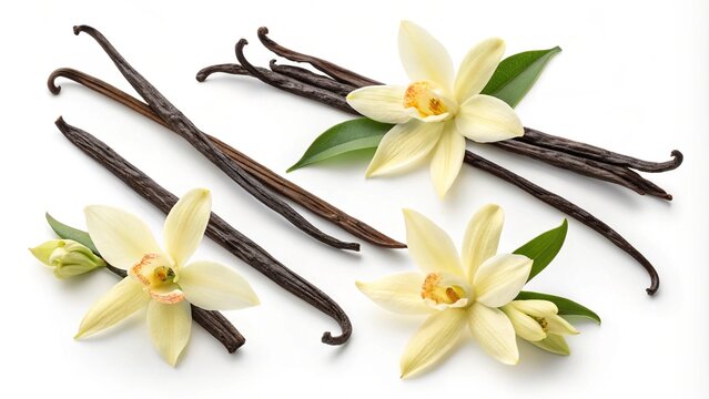 A realistic illustration of vanilla flowers and pods, beautifully arranged on a white background. This botanical depiction highlights the elegance and natural beauty of vanilla, ideal for culinary, bo