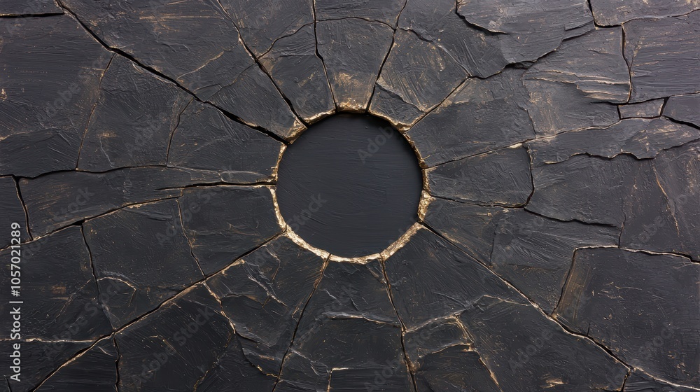 Poster a dark, textured surface with a circular hole in the center, surrounded by intricate crack patterns 