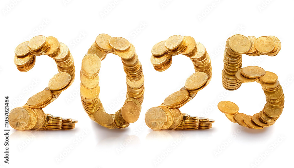Fototapete gold coins form the combined number 2025 floating or flying pattern on side position provides copy s