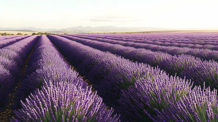 Obraz premium Rows of lavender flowers in a field with mountains in the background.