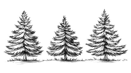 Architectural Drawings Minimal style cad tree line drawing set of green fir trees isolated on the white background, Christmas pine tree vector illustration outline symbol for landscape design drawing