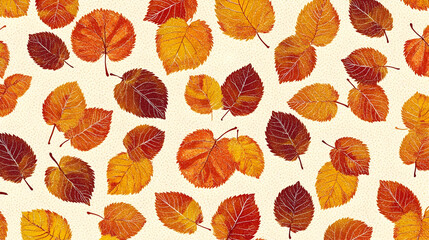 Fototapeta premium Seamless pattern of autumn leaves in orange, red and yellow hues on a beige background.