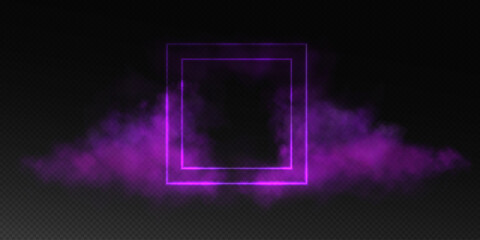 Magical portal in fantasy style. Square light frame with purple smoke and dust, futuristic teleporter.Purple neon lights illuminate night scene on transparent background. Light effect