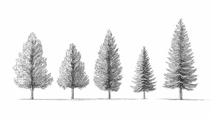 Architectural Drawings Minimal style cad tree line drawing set of green fir trees isolated on the white background, Christmas pine tree vector illustration outline symbol for landscape design drawing