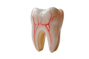 Anatomical illustration of a human tooth showing roots and blood vessels on a white isolated background.