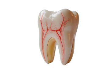 Anatomical illustration of a human tooth showing roots and blood vessels on a white isolated background.