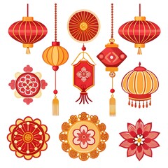 Traditional Chinese New Year Lanterns and Festive Decorations Icons vector set