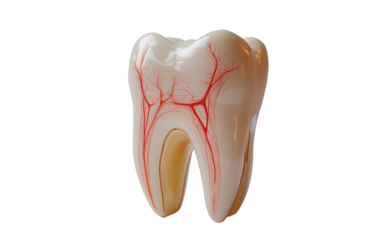 Anatomical illustration of a human tooth showing roots and blood vessels on a white isolated background.