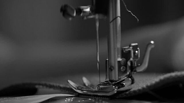 Sewing machine needle repeatedly pierces blue fabric in slow motion