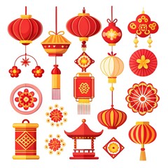 Traditional Chinese New Year Lanterns and Festive Decorations Icons vector set