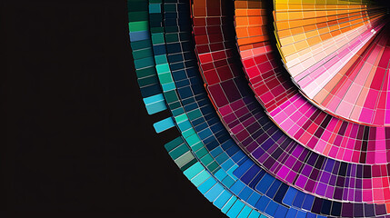Obraz premium A close-up of a colorful fan of paint swatches in various shades, arranged in a semicircle against a black background