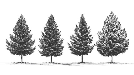 Obraz premium Architectural Drawings Minimal style cad tree line drawing set of green fir trees isolated on the white background, Christmas pine tree vector illustration outline symbol for landscape design drawing