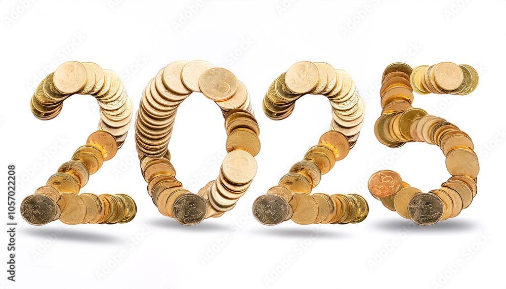 Fototapete gold coins form the combined number 2025 floating or flying pattern on side position provides copy s