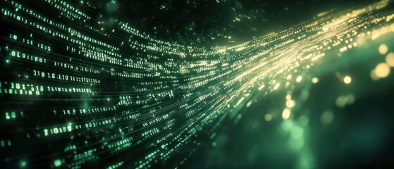Abstract digital landscape with flowing data streams and glowing particles.
