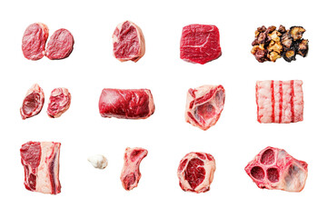 Assorted cuts of fresh raw meat arranged on a white background.