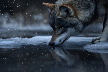 Obraz premium Wolf Drinking Water with Reflection in Frozen Lake During Snowfall