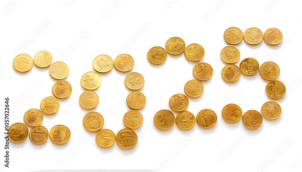 Fototapete gold coins form the combined number 2025 floating or flying pattern on side position provides copy s