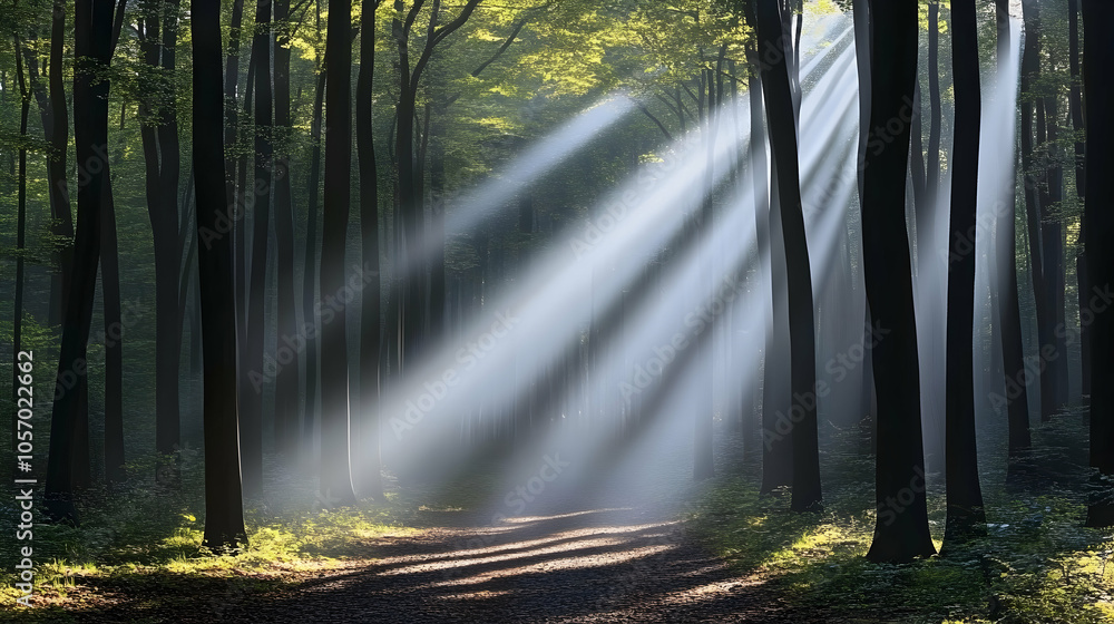 Poster sunbeams pierce through a misty forest path, creating a magical, ethereal atmosphere.