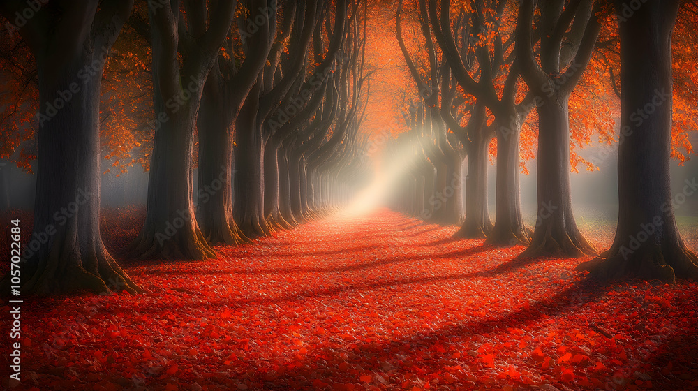Poster sunbeams pierce through the mist illuminating a path lined with trees in a vibrant autumnal forest.