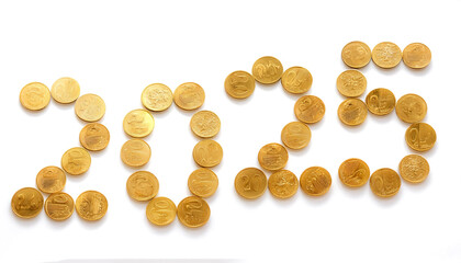 Gold coins form the combined number 2025 floating or flying pattern on side position provides copy space for text. background concept isolated white