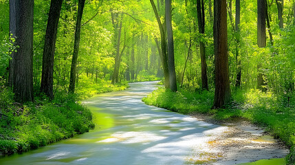 Fototapeta premium Sunbeams illuminate a winding forest path.
