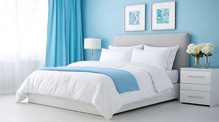 White Bed with Blue Accents in Modern Bedroom